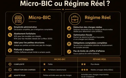 Comparaison entre le micro-BIC et le régime réel pour les entreprises. Le micro-BIC offre simplicité et forfait, idéal pour les petites structures. Le régime réel permet déduction des charges réelles.