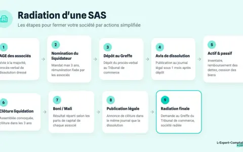 Schéma des 9 étapes pour fermer une SAS sans activité : vote, nomination liquidateur, dépôt greffe, avis dissolution, actif/passif, clôture, répartition, publication légale, radiation finale.