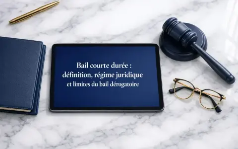 Tablette affichant "Bail courte durée : définition, régime juridique et limites du bail dérogatoire". Un marteau de juge, des lunettes et un stylo sont à proximité.