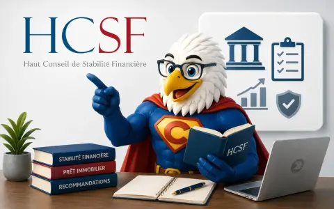 Super-aigle HCSF, gardien de la stabilité financière, lit un livre sur le crédit immobilier.