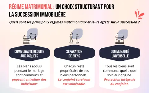 Trois régimes matrimoniaux : communauté réduite aux acquêts, séparation de biens (où le conjoint survivant est vulnérable), et communauté universelle. Le contrat de mariage séparation de biens est une option.