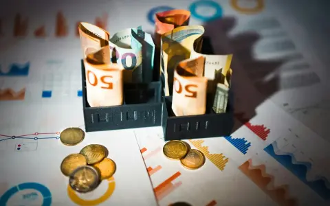 Billets d'euros enroulés dans des porte-billets, pièces et graphiques financiers. Illustration de la rémunération mandataire social.