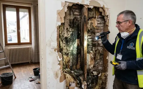 Expertise immobilière inspecte un mur dégradé par l'humidité, révélant des moisissures. Ce cas pourrait relever de la jurisprudence vice caché maison.