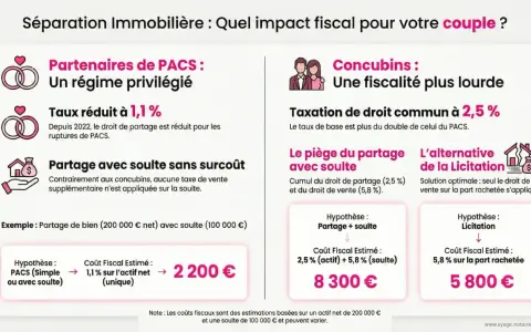 Séparation immobilière : PACS vs concubinage. Impact fiscal sur le crédit maison en cours. Le PACS offre un taux réduit de 1,1% pour le partage.