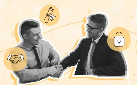 Deux hommes se serrent la main, symbolisant un lien de collaboration solide, avec des icônes de diplôme et de cadenas.