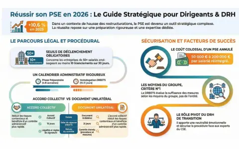 Infographie sur le PSE : parcours légal, seuils, calendrier, accord collectif vs document unilatéral, sécurisation, coût d'annulation, rôle du DRH. Évite le refus inspection travail licenciement salarié protégé.