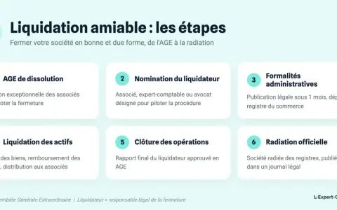 Les 6 étapes de la liquidation amiable d'une société : dissolution, nomination du liquidateur, formalités administratives, liquidation des actifs, clôture des opérations et radiation officielle.