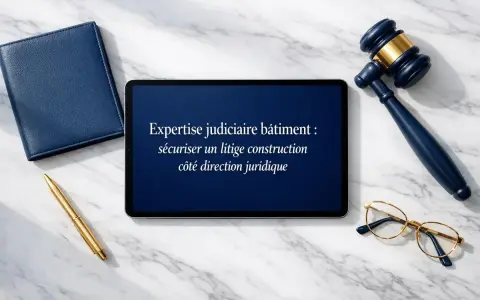 Marteau de juge, lunettes, stylo doré et tablette affichant "Expertise judiciaire bâtiment : sécuriser un litige construction côté direction juridique".