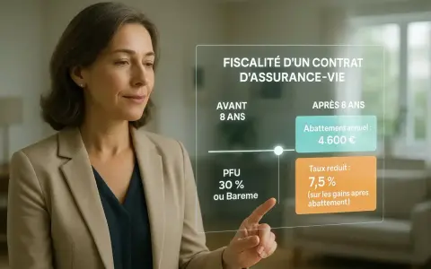Une femme examine un écran affichant la fiscalité d'un contrat d'assurance-vie, avec des détails sur les abattements et taux réduits.