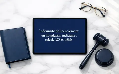 Tablette affichant "Indemnité de licenciement en liquidation judiciaire : calcul, AGS et délais", à côté d'un carnet bleu et d'un maillet de juge.