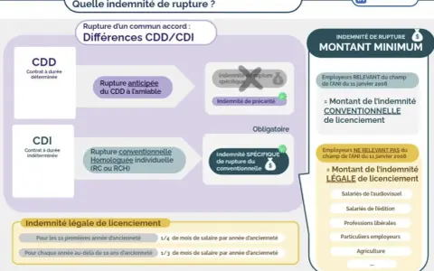 Infographie expliquant la rupture conventionnelle : indemnité de rupture, différences CDD/CDI, et calcul du montant minimum.