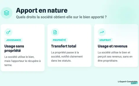 Illustration expliquant l'apport en nature : jouissance, propriété ou usufruit. Un exemple concret de droits sur un bien apporté.