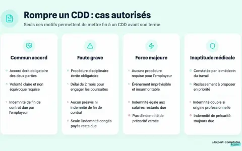 Infographie détaillant les cas autorisés pour une prise d'acte CDD : accord commun, faute grave, force majeure, inaptitude médicale.