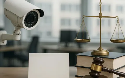Caméra de surveillance, balance de la justice et marteau d'avocat sur un bureau. La jurisprudence en matière de caméra surveillance travail est complexe.