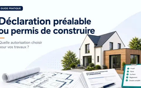 Guide pratique sur la déclaration préalable ou le permis de construire. Plans, maison moderne et formulaire d'urbanisme.