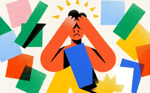 Personne accablée par des formes colorées, symbolisant le burn out fonction publique. Mains sur la tête, visage triste.