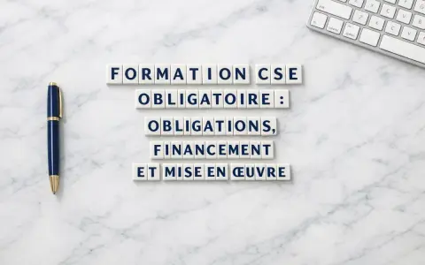 Formation CSE obligatoire : obligations, financement et mise en œuvre. Un stylo bleu et un clavier sur fond marbre.