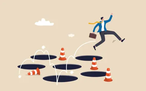 Un homme d'affaires saute par-dessus des trous, naviguant dans un parcours semé d'embûches. Il semble éviter les obstacles, comme dans un remembrement de propriété complexe.