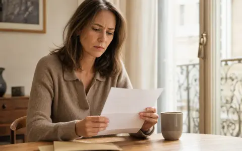 Femme soucieuse lisant une lettre, peut-être une relance pour 1 mois de loyer impayé. Une tasse de café à côté.
