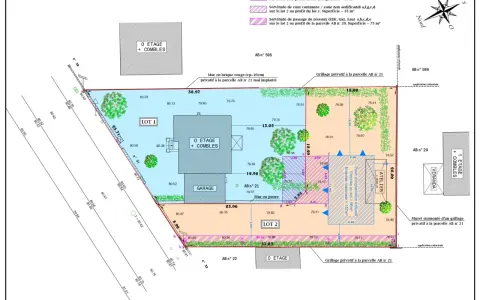 Plan de division parcellaire montrant la jurisprudence servitude de passage entre les lots 1 et 2, avec indications de dimensions et de constructions.