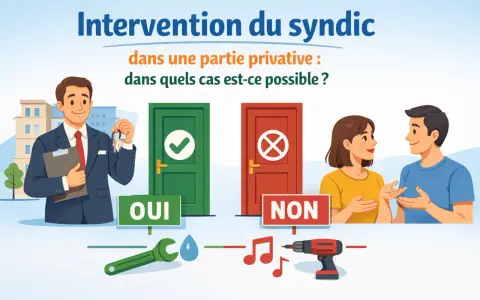 Un syndic avec des clés devant une porte verte "OUI" et une porte rouge "NON". Illustration sur l'intervention du syndic dans une partie privative.