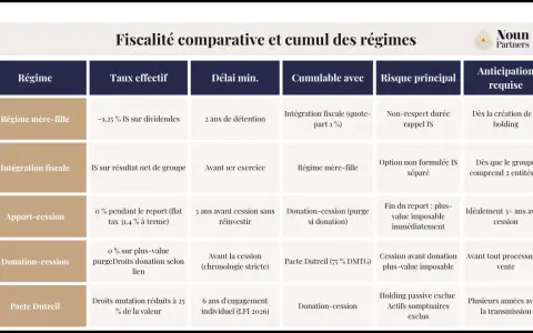 Tableau comparatif des régimes fiscaux pour l'optimisation fiscale holding : mère-fille, intégration fiscale, apport-cession, donation-cession, pacte Dutreil.