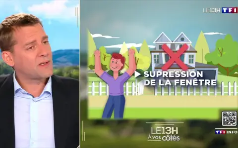 Illustration d'une maison avec une croix rouge sur une fenêtre, symbolisant la perte d'intimité vue plongeante. Un personnage joyeux célèbre la suppression de la fenêtre.