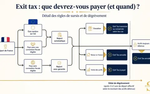 Schéma expliquant l'exit tax en France : départ, pays de destination (UE, convention fiscale), report, donation, vente d'actifs, et conditions d'annulation ou de paiement.