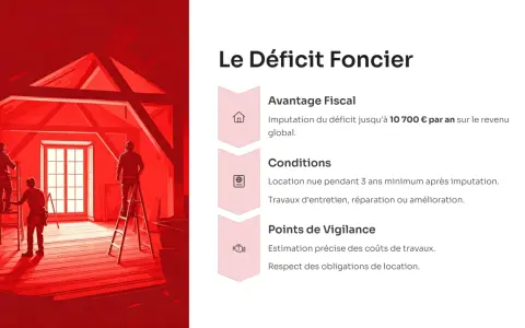 Travaux dans un grenier rougeoyant, avec des ouvriers sur des échelles. Le texte explique le déficit foncier, avec une imputation jusqu'à 10 700 € par an sur le revenu global.