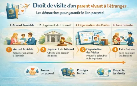 Schéma expliquant le droit de visite d'un parent à l'étranger : accord amiable, jugement, organisation et exécution. Le droit de visite obligatoire jusqu'à quel âge n'est pas précisé.
