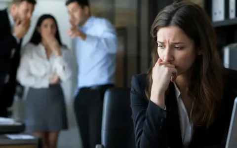 Une femme est visiblement affectée par des commérages au bureau, mon ancien employeur nuit à ma réputation.
