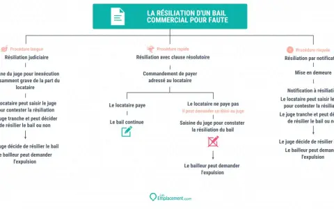 Schéma expliquant la résiliation d'un bail commercial pour faute, détaillant les procédures longue, rapide et risquée, ainsi que les droits du locataire et du bailleur.