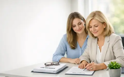Deux femmes souriantes signent des documents. L'une d'elles rédige une procuration assurance vie.