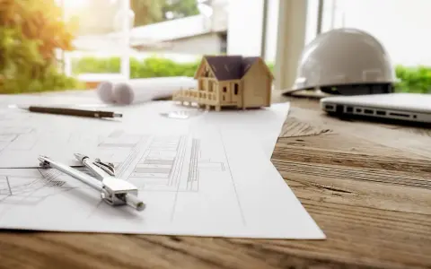 Plans, maquette de maison, casque et ordinateur sur un bureau en bois. La question est : combien de temps est valable un permis de construire ?