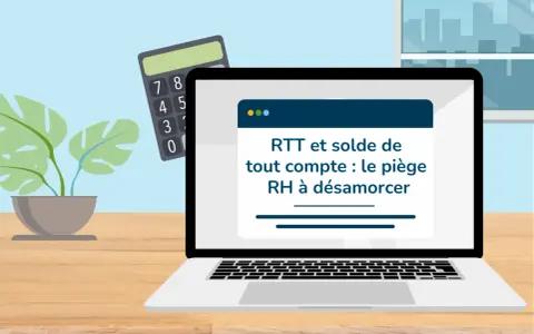 Calculatrice et ordinateur affichant "RTT et solde de tout compte : le piège RH à désamorcer". Attention au solde de tout compte négatif !