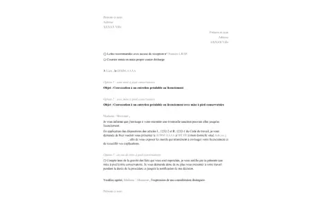 Modèle de lettre pour convoquer un salarié à un entretien préalable de licenciement, avec ou sans mise à pied conservatoire.