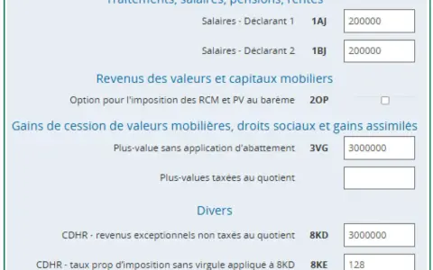 Exemple de revenus exceptionnels : 3000000€ déclarés pour les plus-values sans abattement et 3000000€ pour les revenus exceptionnels non taxés au quotient.