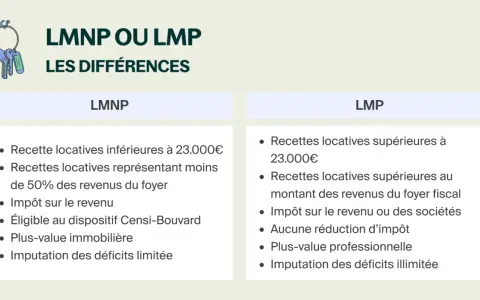 Tableau comparatif des statuts LMNP et LMP, détaillant les seuils de recettes locatives, l'imposition et la gestion des déficits.