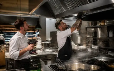Installation d'une hotte d'extraction dans un restaurant en copropriété. Deux chefs travaillent sur le système de ventilation.