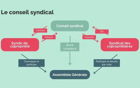 Schéma illustrant le rôle du conseil syndical : il contrôle le syndic de copropriété, le conseille, et rend compte à l'assemblée générale. La responsabilité du syndic est centrale.