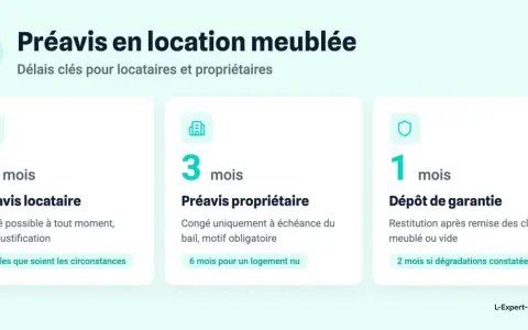 Préavis location meublée : 1 mois locataire, 3 mois propriétaire. La loi du 6 juillet 1989 encadre ces délais. Dépôt de garantie : 1 mois.