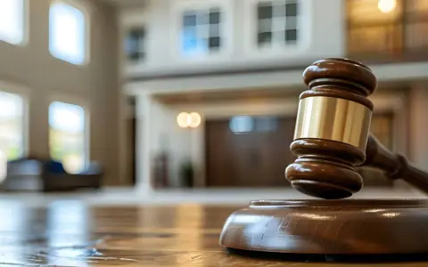 Marteau de juge sur une table en bois, prêt pour une vente par adjudication dans une maison spacieuse.