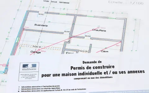 Plan de maison avec la mention "Demande de Permis de construire". Ce permis de construire refusé 2 fois, malgré les plans détaillés, montre la frustration d'un projet bloqué.