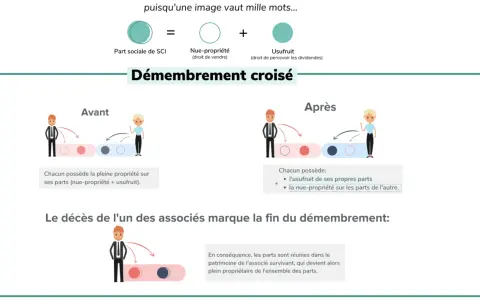 Schéma expliquant le démembrement croisé de parts de SCI. Avant, chacun possède la pleine propriété. Après, l'usufruit et la nue-propriété sont séparés.