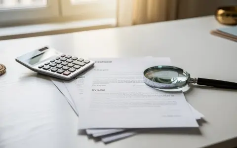 Calculatrice et loupe sur des documents pour contester charges de copropriété.