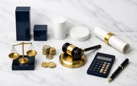 Balance, marteau de juge, calculatrice, stylo, pièces et diplôme symbolisent les frais d'avocat pour partage judiciaire.