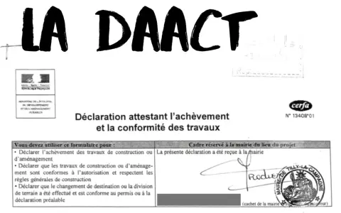 Formulaire de déclaration attestant l'achèvement et la conformité des travaux, nécessaire pour le transfert de permis de construire.
