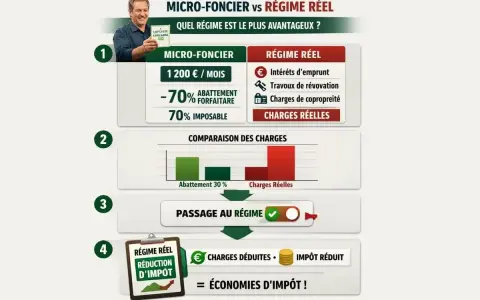 Infographie comparant le micro-foncier et le régime réel pour un exemple de revenu foncier. Elle montre les avantages du régime réel pour réduire l'impôt.