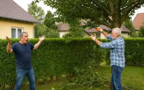 Un homme s'exclame, les mains levées, tandis que son voisin coupe des branches. La question "peut on couper les branches du voisin" est au cœur de cette scène.