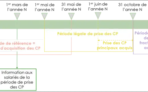 Chronologie des congés payés (CP) : période d'acquisition, période légale de prise, CP principaux et fractionnés. Pas d'arrêt maladie ici.